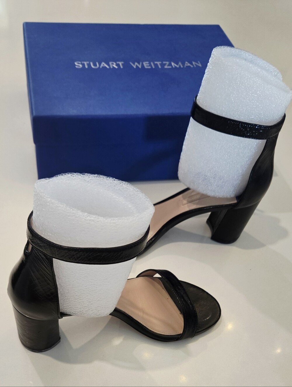 Stuart Weitzman Black Leather Block Heel Sandals with Ankle Strap
